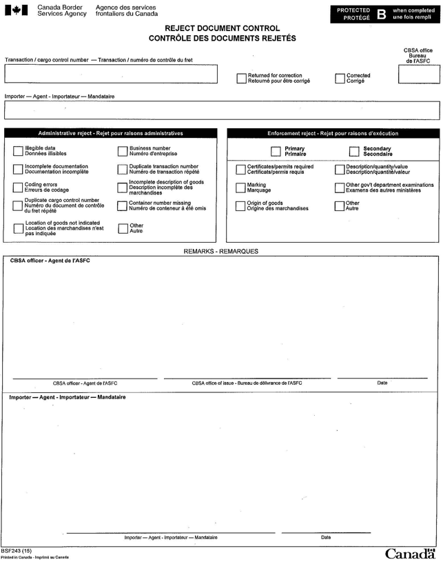 Protected B form issued by the Canada Border Services Agency. 