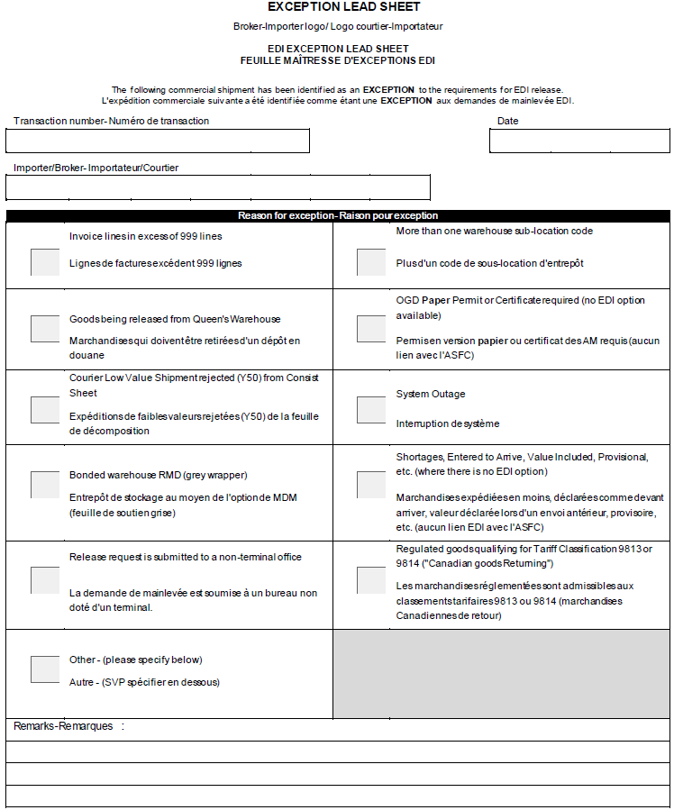 Sample template of an EDI exception lead sheet